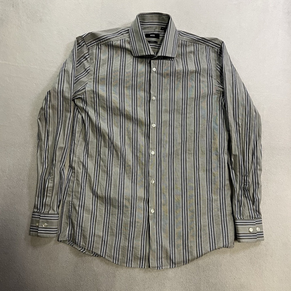 BOSS Hugo Boss Slim Fit Dress Shirt Men's 41 16 Striped Italian Fabric Luxury